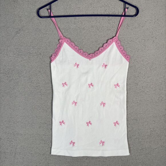 Pink Dot Size M Fitted Ribbed Tank Top Y2K Kawaii Lace Lined Coquette Ditsy - Picture 1 of 13